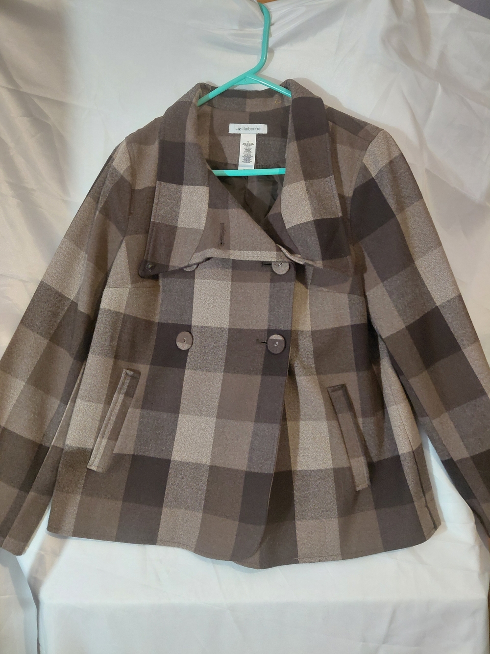 Liz Claiborne Brown and Cream Plaid Double-Breasted Peacoat